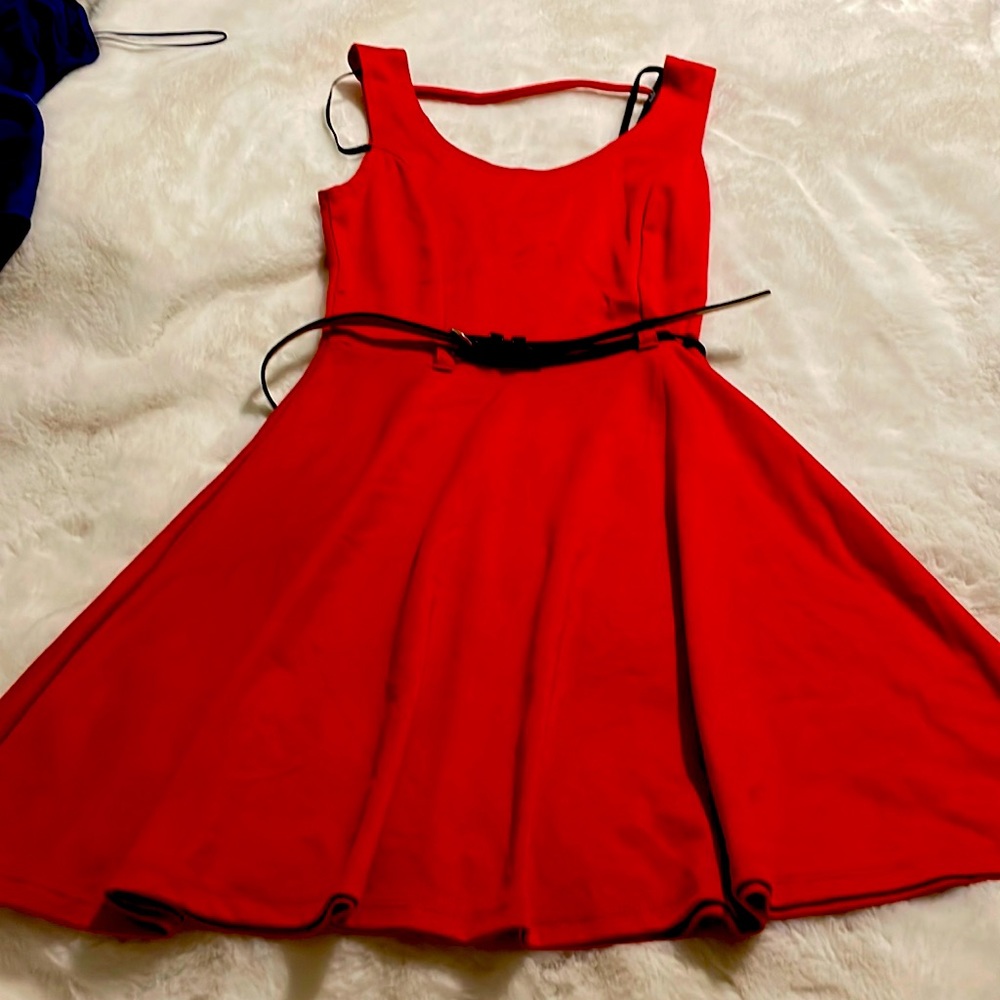 Sleeveless red skater dress with belt